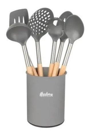 Set 6 Utensilios Nylon Con Mango Madera Hudson Gris Base Mov 0