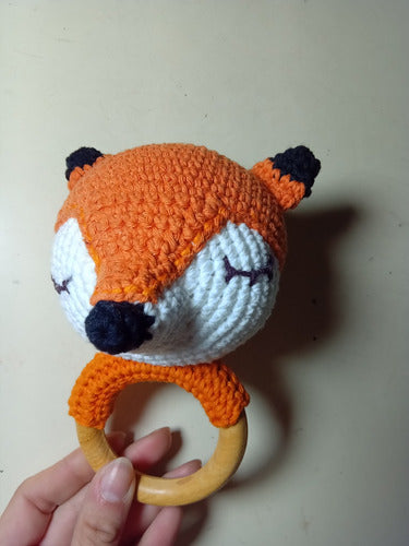 Vishwa Tejidos Crochet Rattle. Animals. Fox. Wooden Ring 7