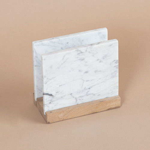 Italian Carrara Marble and Petiribi Wood Napkin Holder 0
