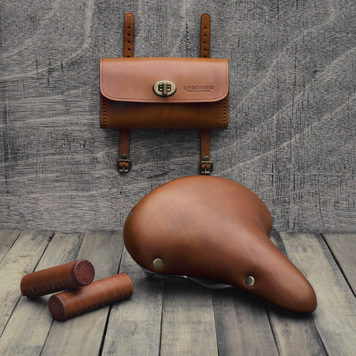 Leather Bicycle Seat, Grips, Tool Bag Set - Vintage Style 1