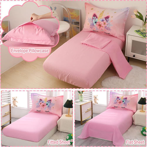 Juego De Ropa De Cama Para Niñas 4 Piezas Rosa Unicornio Flo 3