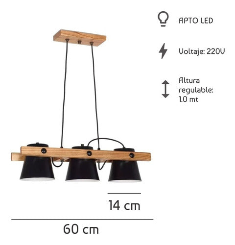 Carilux Colgante 3 Luces Madera Campana Negro Apto Led Deco Cx 1