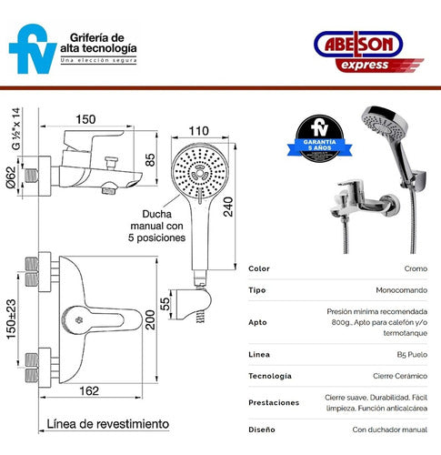 FV Griferia Baño Puelo Monocomando Lluvia Exterior 310/B5 CR 1