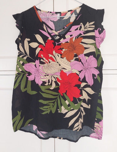 OPR Black Blouse Top Women Floral Print S-M Rayon Cotton 0