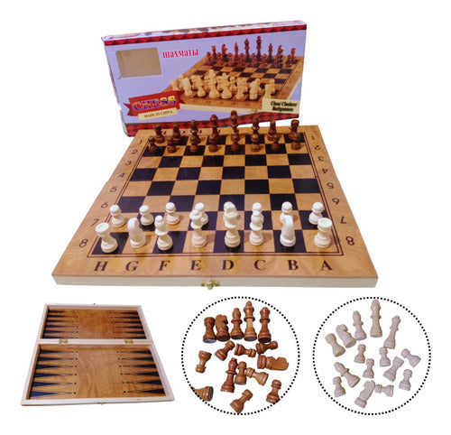 3-in-1 Chess Checkers Backgammon Small Wooden Board Game Set 1
