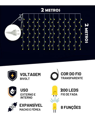 Cortina Luz De Led Fio De Fada 2x2 Bivolt 200 Leds - Morno 2