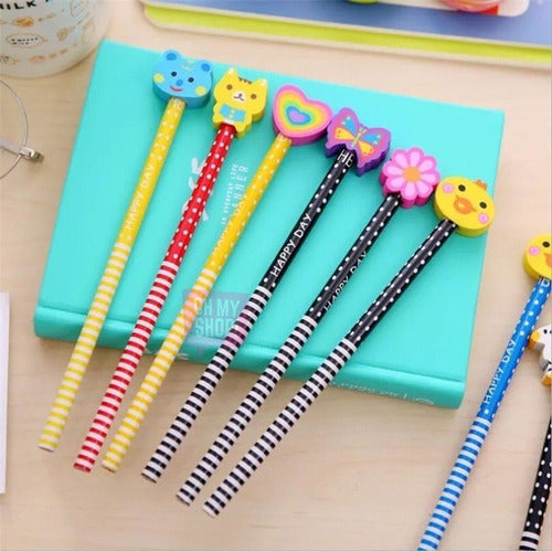 Fun Souvenir Pack of 12 Pencils with Erasers - Assorted Designs 5
