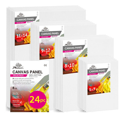 Phoenix Fénix 24 Pack of Cotton Canvas for Painting, Assorted Sizes 0