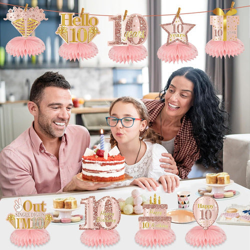 Centros De Mesa De Cumpleaños Rosa Y Oro Para Niñas 9 Piezas 3