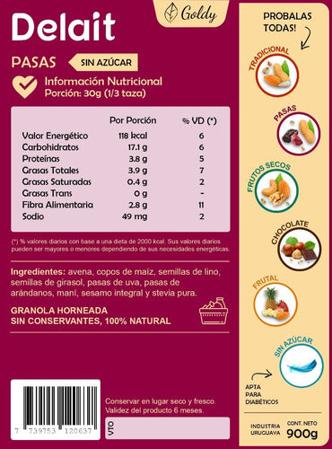 Granola Delait Pasas Sin Azucar - Pasas Uva, Arándanos, Mani 3