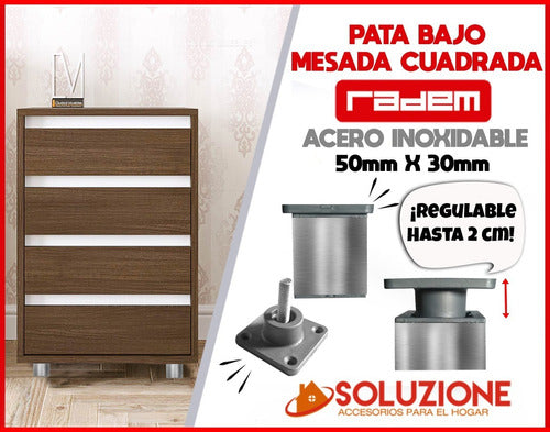 Radem Pata Bajo Mesada Acero Inoxidable Regulable 50mm Cuadrada 1