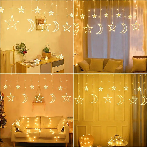 Tu Mundo Cortina Led Estrellas Y Lunas Blanco Cálido Con Enchufe 3mts 0