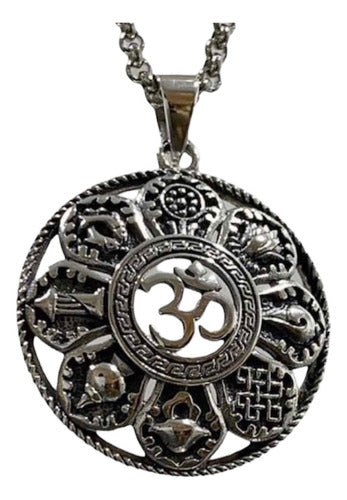 La Botica Divina Ohm Pendant with 8 Auspicious Symbols of Buddhism in Silver 0