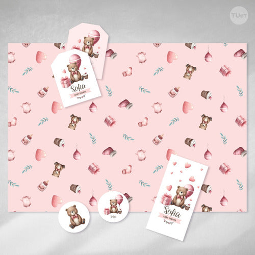 Kit Imprimible Osito Acuarela Rosa Baby Shower Tukit 2