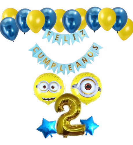 Minions Balloons Set: 2 Balloons + Banner + Large Number + 2 Stars + 12 Latex 1