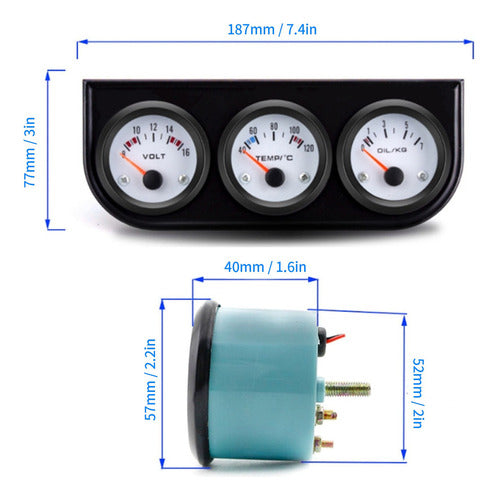 Kit De Manômetro Triplo Universal Para Carro, Temperatura De 1