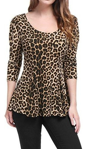 Allegra K Peplum Top with Leopard Print Round Neck 1