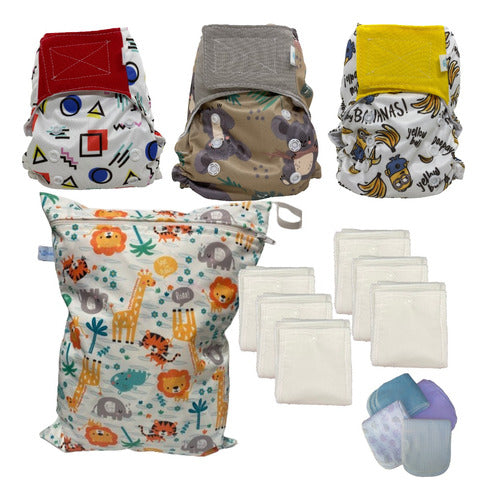 Pack 3 Ted Ecological Cloth Diapers + 6 Absorbents - Liner Wetbag 10