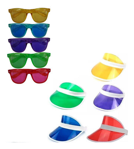 Todo Luminoso 10 Retro Visors in Assorted Colors + 10 Colorful Hipster Glasses 0