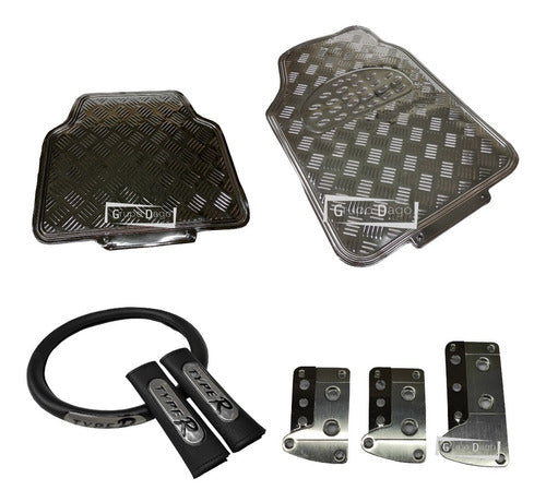 Grupo Dago Sports Aluminum Pedal Set + Tuning Floor Mats + Leather Steering Wheel Cover + Seat Belt Cover Set 8