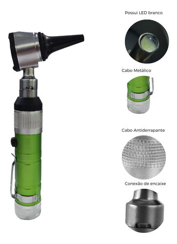 Otoscópio Led Veterinário 6 Espéculos Verde Completo 2