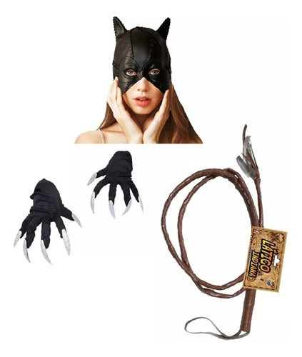 Catwoman Costume Kit Combo - Latex Mask, Claw Gloves, Whip Set 8