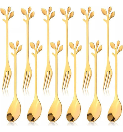 Home Love Set of 12 Golden Dessert Forks and Spoons with Floral Design 0