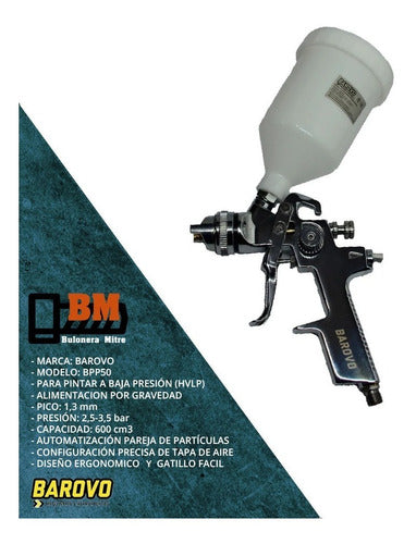 Barovo HVLP Gravity Feed Paint Spray Gun 1.3mm Auto Lacquer 3