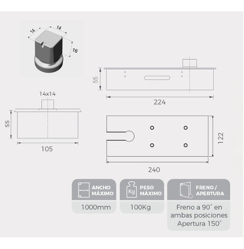 Inomax Hydraulic Door Closer - Floor Brake for Glass Door Up to 1m 2