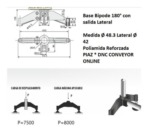 Piaz Base De Apoyo Bipode Ø 48.3 Con Salida 180° Plastico M16x2 1