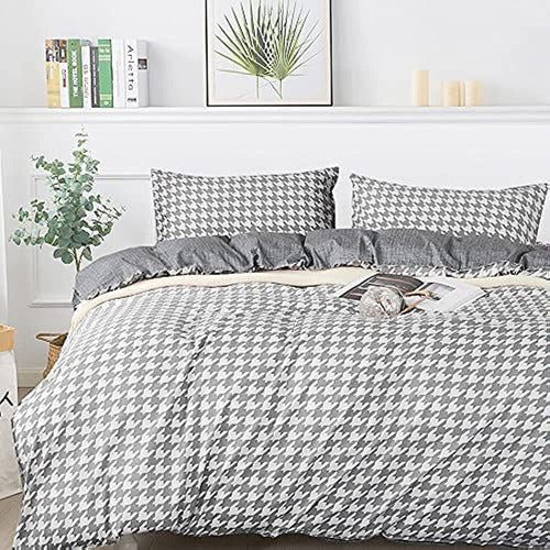 Fadfay Gray Gingham Twin XL 100% Cotton Reversible Duvet Cover Set 0