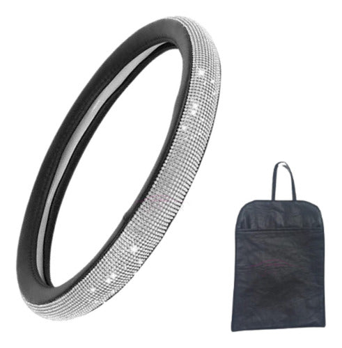 Black Steering Wheel Cover with Silver Rhinestones + Black Pouch 0