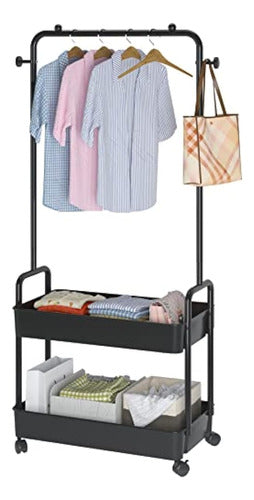 Accstore Metal Clothing Racks, Freestanding Garment Rack with Wheels, 2-Level Plastic Storage Shelf, Black 0