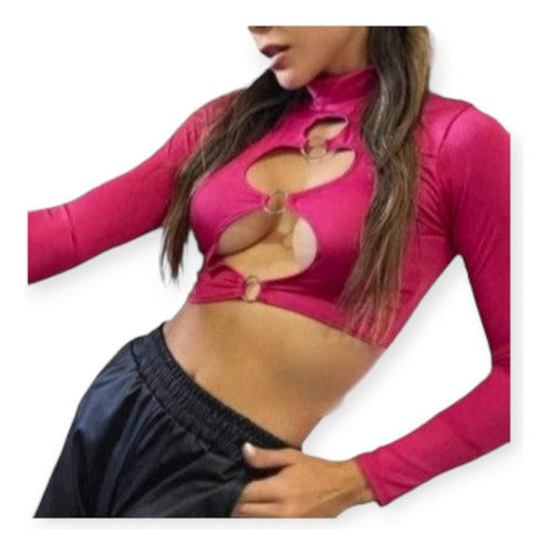Long Sleeve Top with Revealing Neckline and Rings 5
