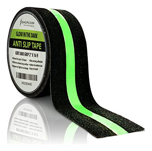 Shopcorp Professional Non-Slip or Anti-Slip Glow in the Dark Traction Tape - Black/Fluorescent Band - 5cm X 5m 0