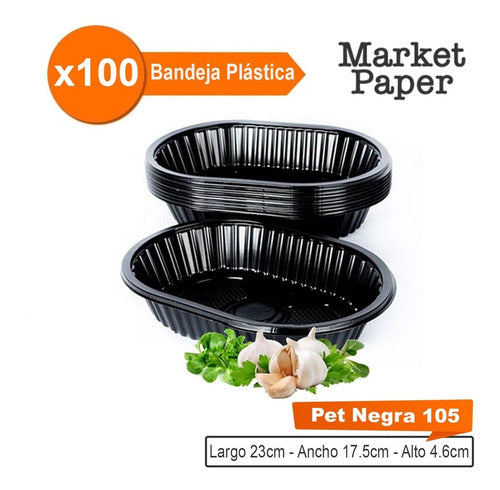 Market Paper Disposable Plastic Tray 105 PET Black 23x17.5x4.6 X100 1