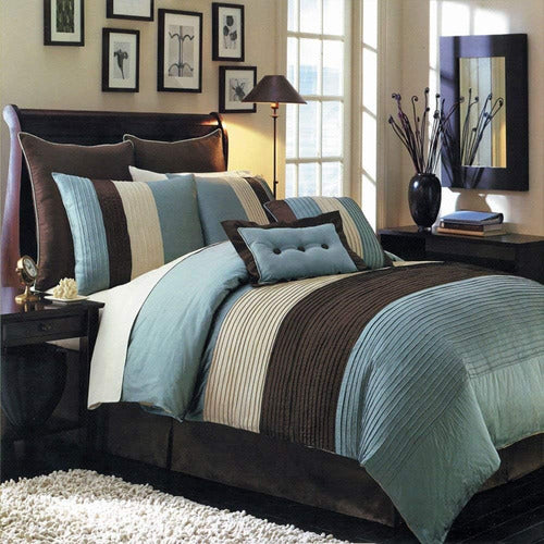 Royal Hotel Bedding Hudson Teal-blue, Brown, And Cream Full 0