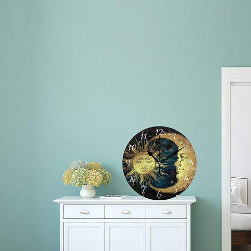 Ahomy Round Wall Clock Boho Sun And Moon Stars Home Art Deco 1