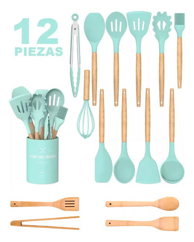 Set Utensilios Cocina Silicona 12 P Madera Verde/gris 0