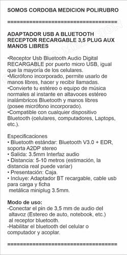 Adaptador Usb A Bluetooth Receptor Recargable 3,5 Plug Aux 1