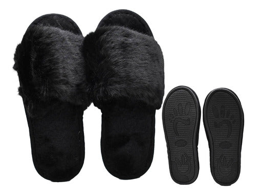 PlatinumStore Black Open-Faced Plush Slippers for Women 0