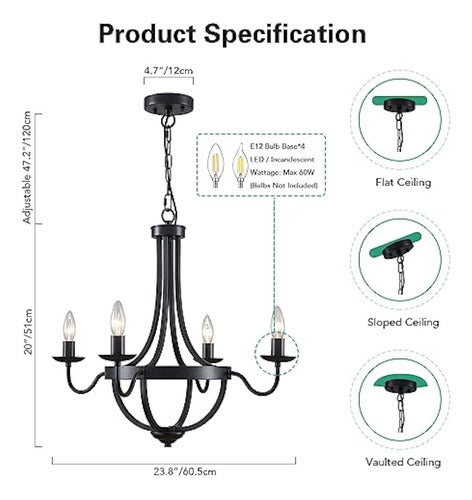 Lizztree Black Farmhouse Chandelier, 4 Lights 1