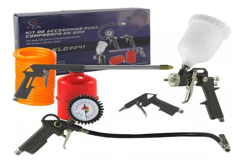 KLD Air Compressor Kit 5 Pcs Hose Pressure Gauge Spray Gun 0