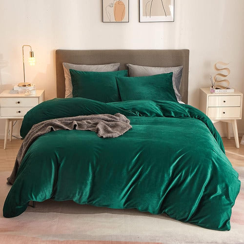 Hybd Velvet Duvet Cover Set Queen Size - Emerald Green Velve 0