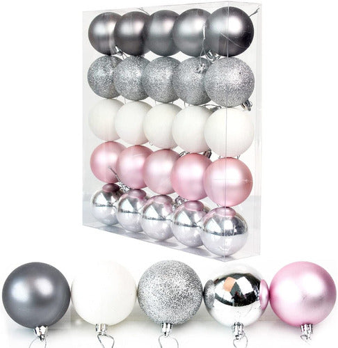 Yeooyoor 25 Christmas Balls Pink/Gray/White 6cm 0