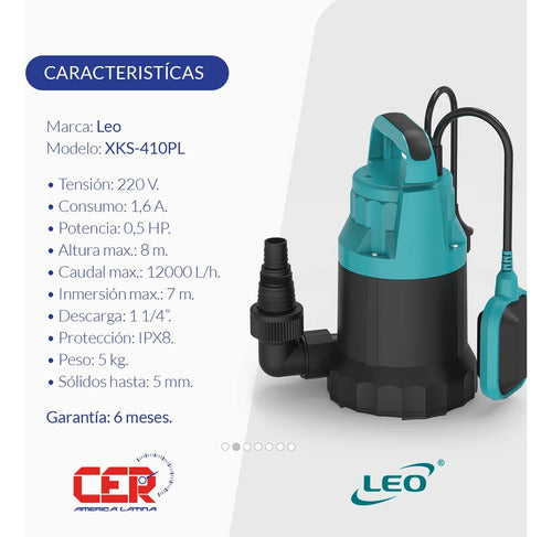 Leo Submersible Drain Pump XKS400PL Clean Water 0.5HP 220V 2