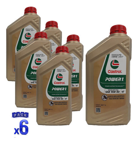 Castrol Power 1 Semi-Synthetic Oil 15W50 4T - Pack of 6 x 1L 0