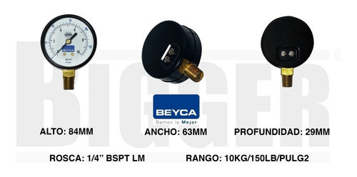 Beyca MM2-34 10 63mm 1/4 Lower Thread 10 Kg/cm² Pressure Gauge 2