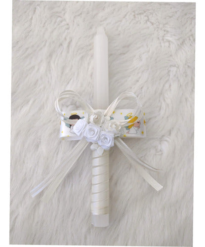 Decorative Baptism Candle Baby Angel with Printed Ribbon and Flowers 3