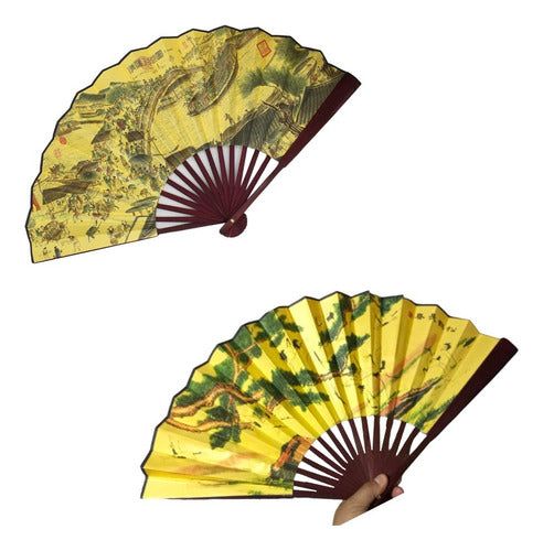 Set of 6 Printed Fabric Wooden Tai Chi Chuan Fans 0